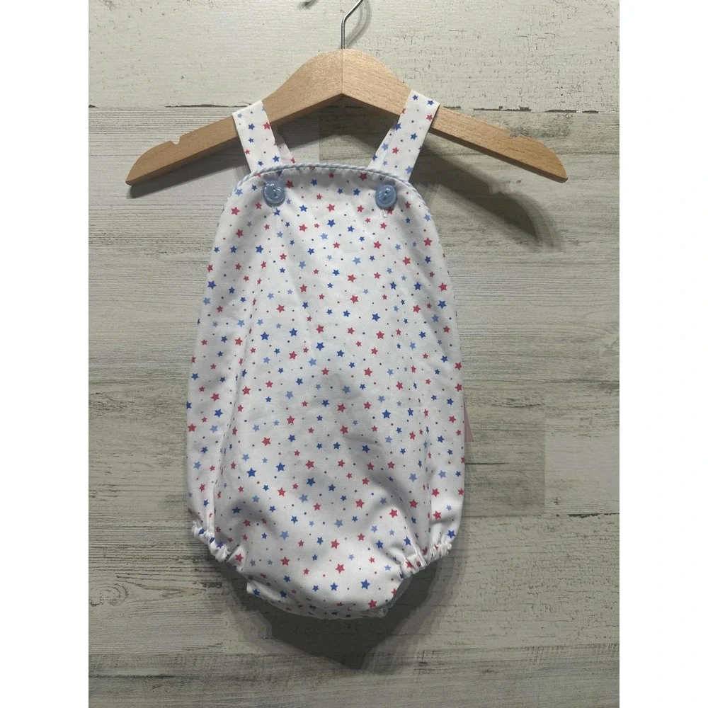 James & Lottie Sunsuit Romper Kids 3M White Red Blue Patriotic Star Print NWT